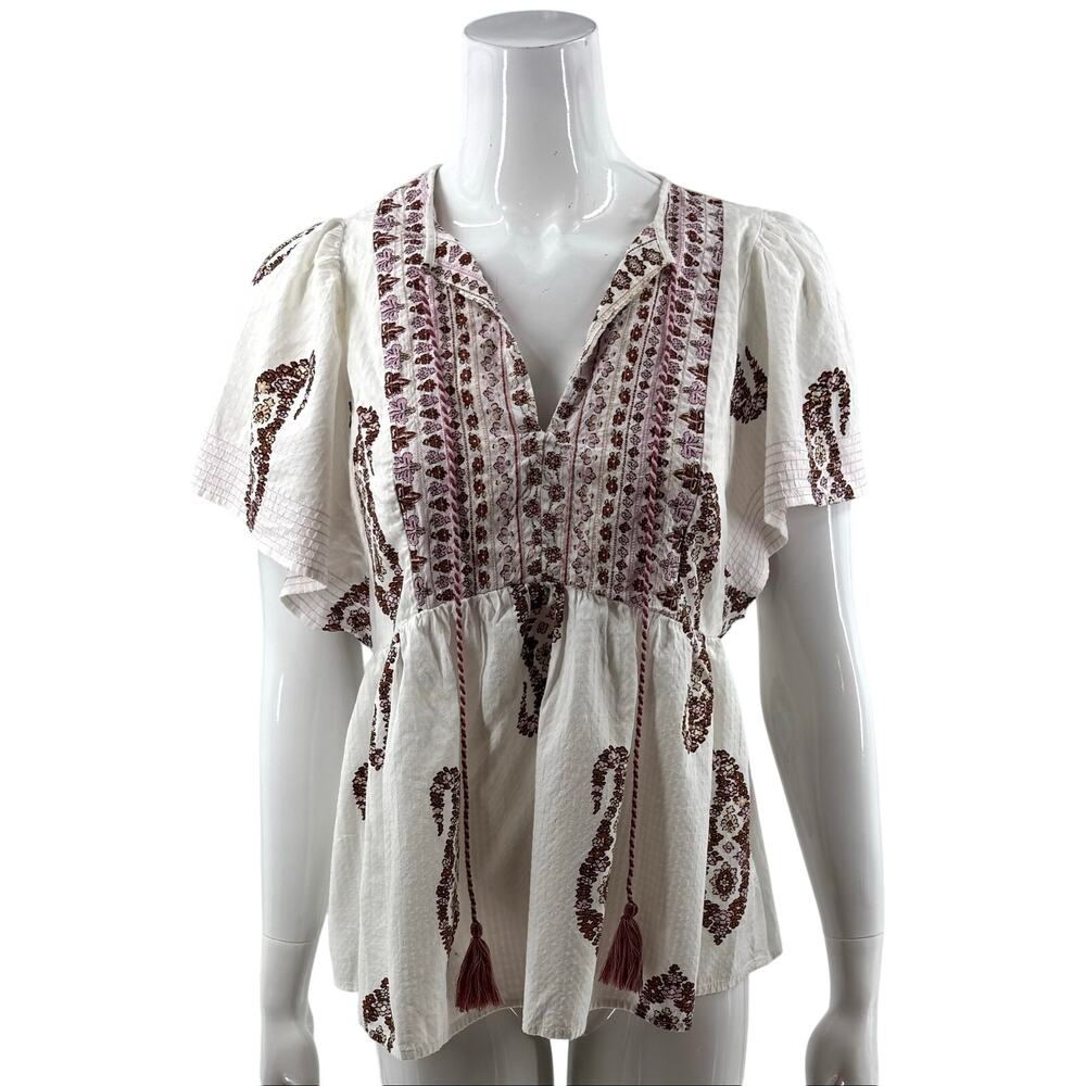 Knox Rose Womens Peasant Top Size Medium White Pink Floral Paisley Boho